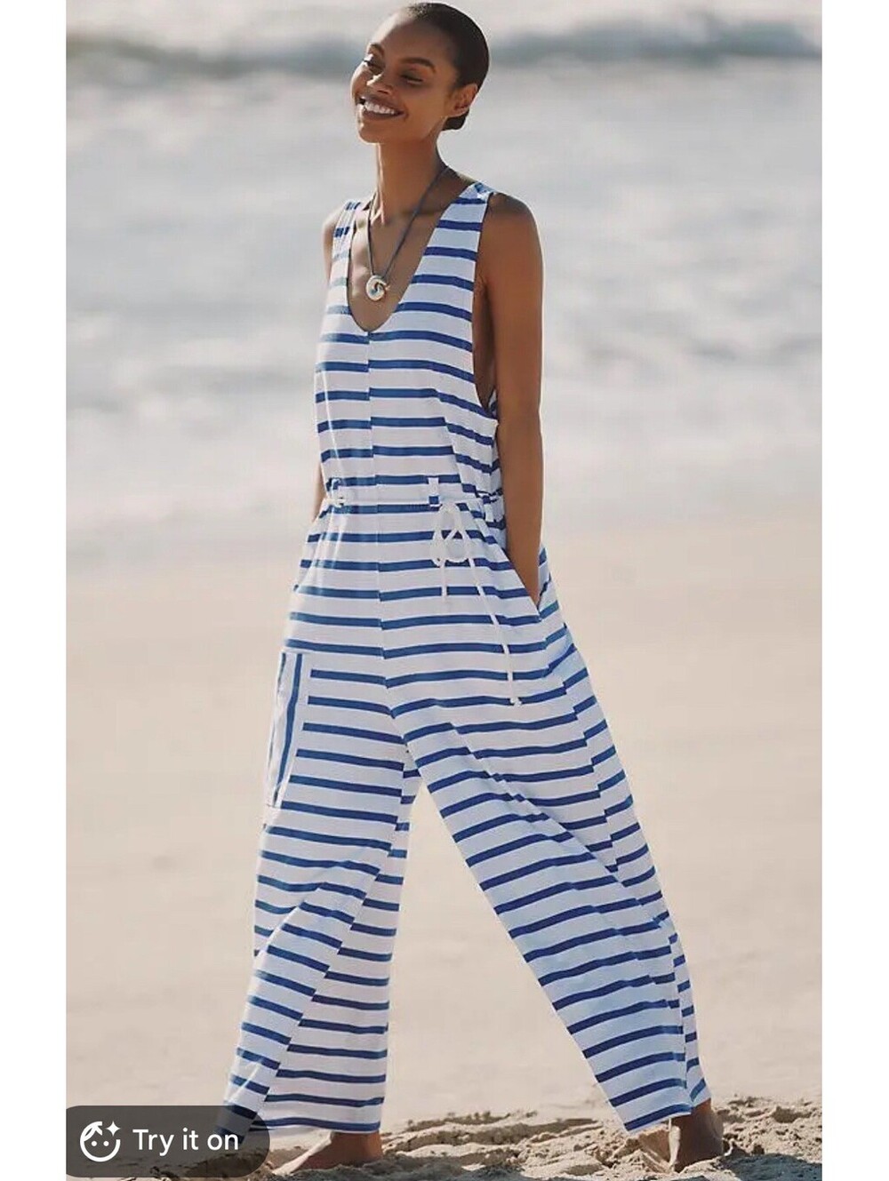 Celandine Coral Coast Knit Jumpsuit Anthropologie Blue White Striped S NWT